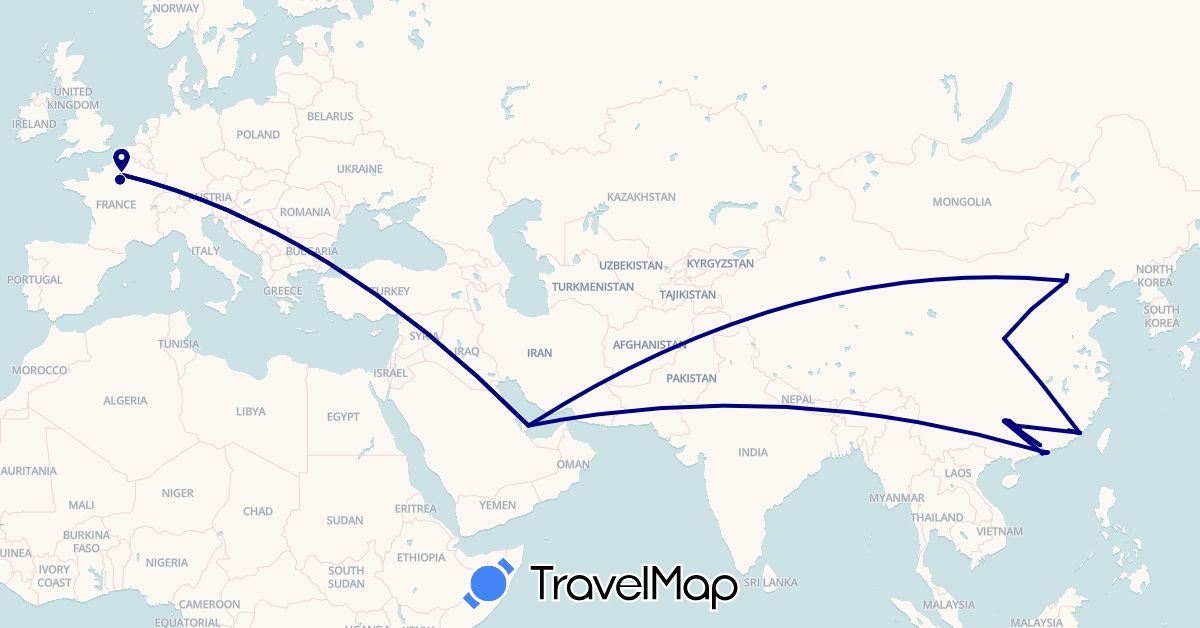 TravelMap itinerary: driving in China, France, Hong Kong, Qatar (Asia, Europe)
